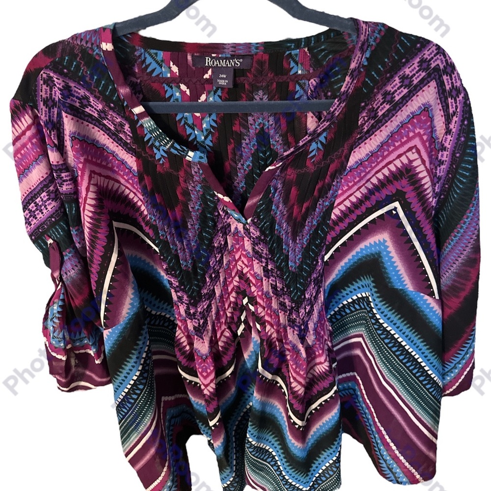 NWOT roaman's purple blue pink green cool printed quarter sleeve blouse 24w